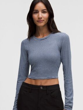 lululemon athletica Navy and White Striped Long-Sleeve Crop Top